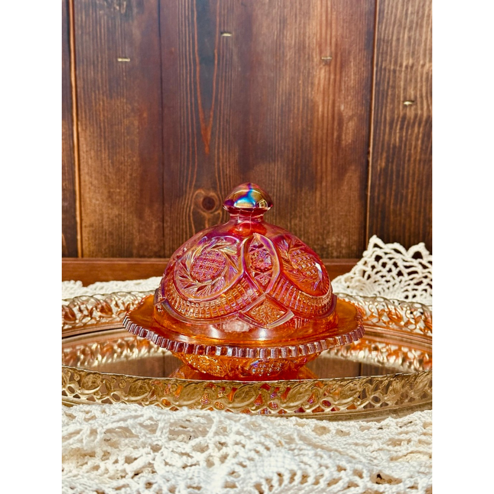 Vintage Indiana Carnival Glass Heirloom Series Sunset Red Butter Dish 1970s